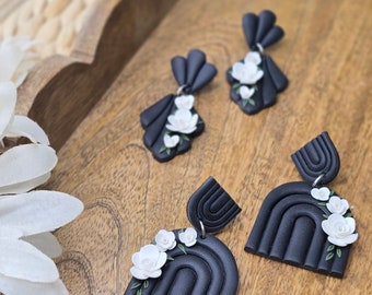 Black Floral Polymer Clay Earrings, Titanium Hooks, Elegant White Rose