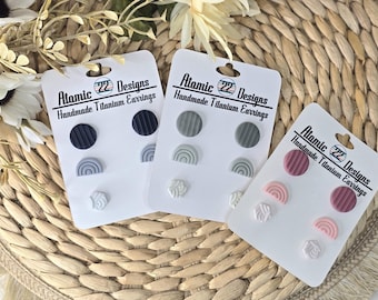 polymer clay stud pack, titanium earrings, jewelry gift for her, pink clay studs, blue clay stud, green stud pack, hypoallergenic earrings