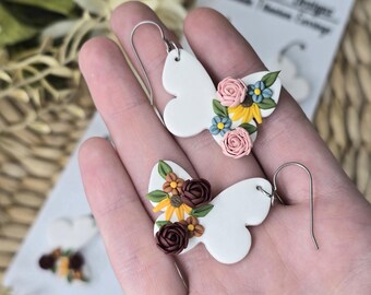 White Butterfly earring, floral clay earring, botanical clay earring, titanium earring, clay earrings dangle, butterfly lover gift,