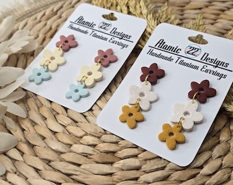 stacked flower dangle earrings, polymer clay earrings, titanium earring, boho dangle earrings, cute gift for friend, lightweight handmade