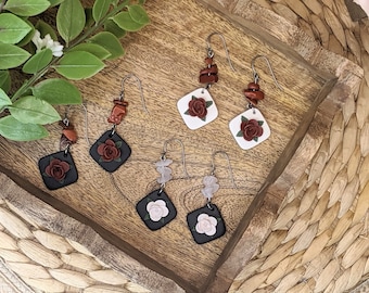 Polymer clay floral earrings, titanium earrings, elegant black dangle earrings, small floral earrings with gemstones, jewelry gift for mom