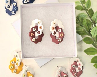 polymer clay floral fall earrings, chain-link earrings, titanium dangle stud earrings, lightweight boho earrings, jewelry gift for her