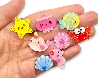 10pcs Mixed Ocean Cabochons - Sea Animal Resin Planars - Kawaii Starfish, Seahorse, Narwhal, Clam, Fish, Crab, and Jellyfish Slime Charms