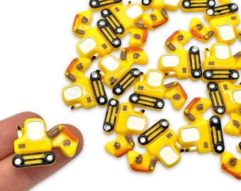 10pcs Excavator Resin Cabochons - Yellow Construction Truck Flatback Charms for Slime or Decoden - Transportation Craft Supplies