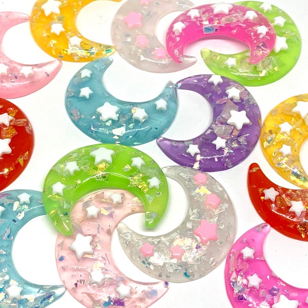 10pcs Large Moon Cabochons - Sparkly Flatback Charms for Slime - Cute Resin Cabochon - Kawaii Craft Supplies - Mixed Multicolor