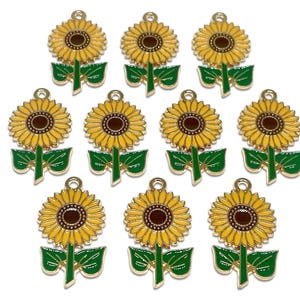 10pcs Sunflower Enamel Charms - Gold Tone Cute Flower Pendants - Jewelry Findings / Supplies