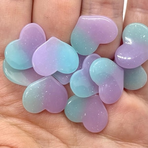10pcs Pastel Blue and Purple Heart Cabochons - Sparkly Ombre Resin Flatbacks - Slime or Decoden Charms