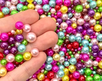 Colorful Faux Pearls - Mixed Size Rainbow Pearly Undrilled Acrylic Beads - Fake Candy for Slime, Decoden, Fake Bakes, or Resin