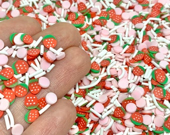 Strawberries and Cream Fake Sprinkles Mix - Clay Confetti for Slime, Decoden, or Resin Inclusions - Fruit Fimo Slices