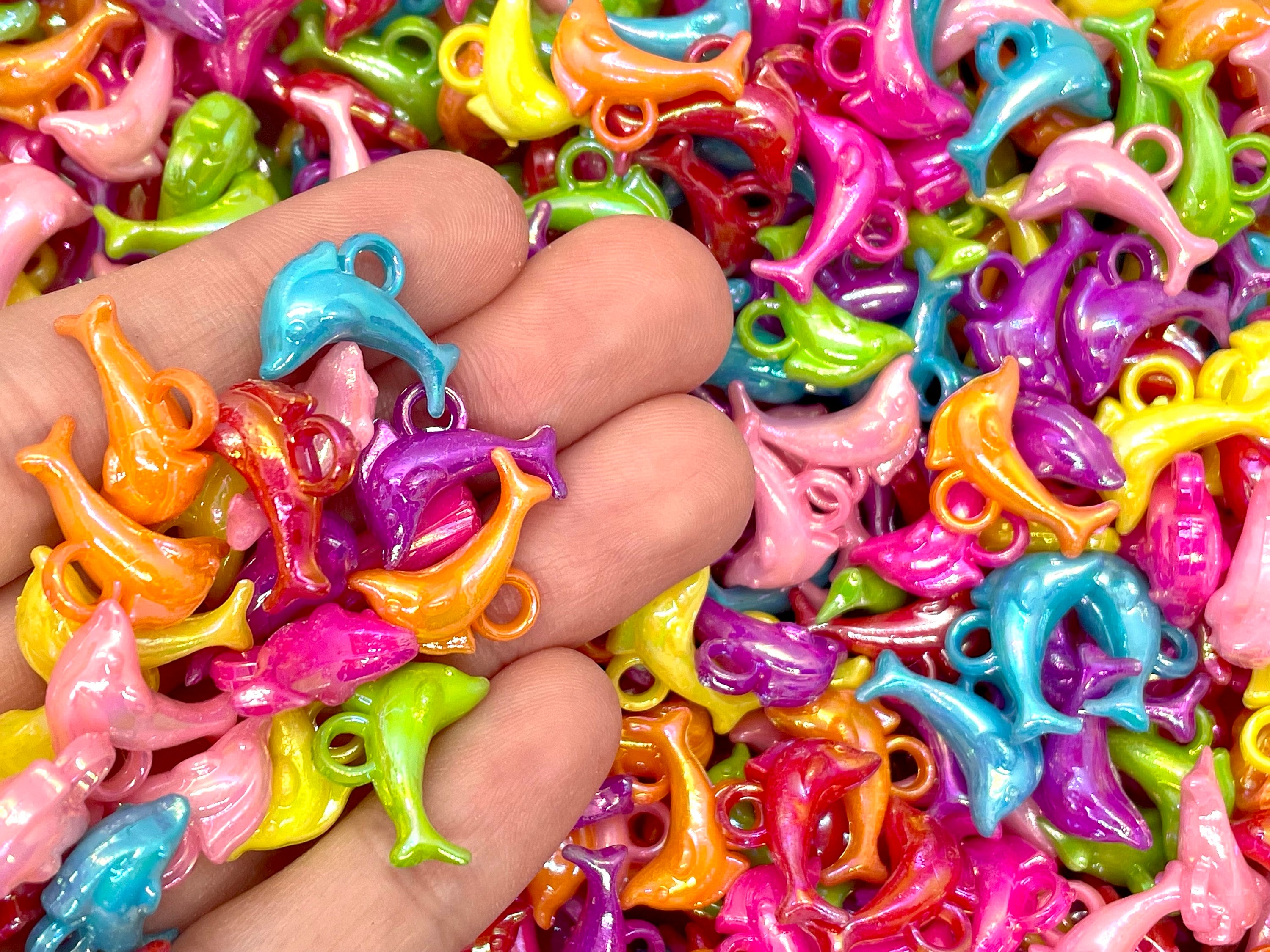 50pcs Colorful Acrylic Dolphin Charms - Shiny 3D Plastic Beads