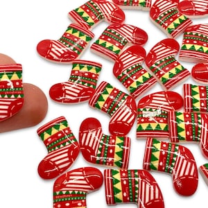 10pcs Stocking Cabochons - Christmas Flatback Resin Buttons for Slime, Bows, or Decoden - Cute Holiday Craft Supplies