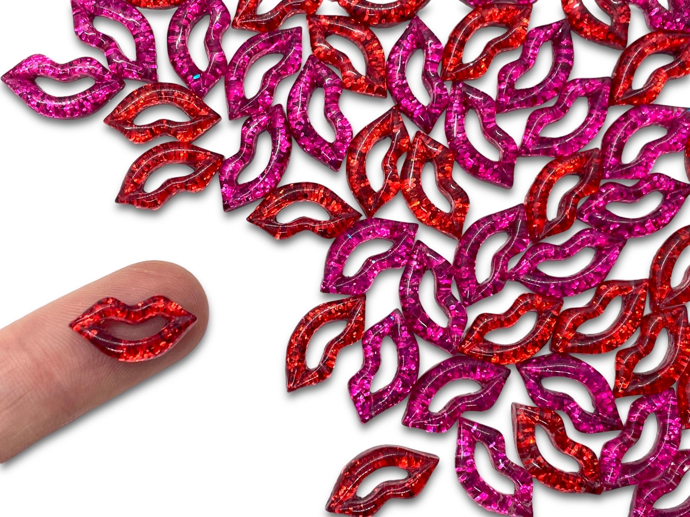 20pcs Sparkly Lips Resin Cabochons - Flat Back Glitter Slime Charms - Valentine’s Day Kawaii Decoden Supplies