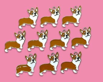10pcs Corgi Pendants - Enamel Gold Tone Dog Charms for Jewelry Making - Cute Animal Craft Supplies