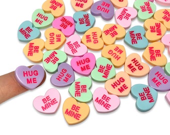 10pcs Candy Heart Cabochons - Resin Conversation Heart Charms for Slime or Decoden - Kawaii Craft Supplies - Mixed Multicolor