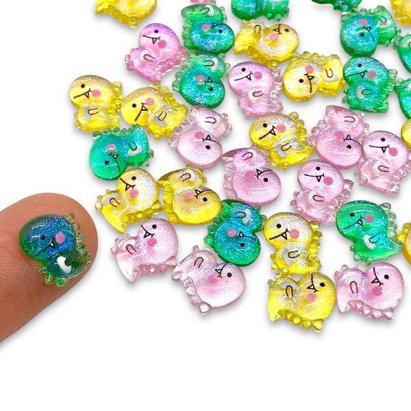 20pcs Tiny Sparkly Dinosaur Cabochons - Resin Flatback Charms for Slime, Decoden, Nail Art, Jewelry Making - Kawaii Craft Supplies