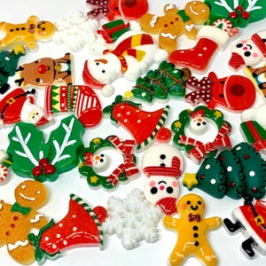 10pcs Random Christmas Cabochons - Christmas Mix Resin Flatbacks for Slime, Bows, or Decoden - Cute Holiday Craft Supplies