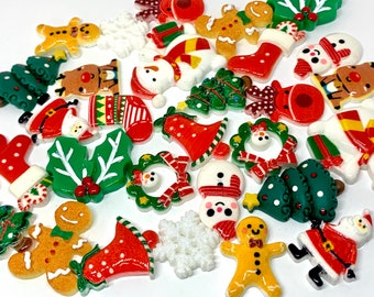 10pcs Random Christmas Cabochons - Christmas Mix Resin Flatbacks for Slime, Bows, or Decoden - Cute Holiday Craft Supplies