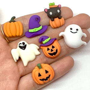 10pcs Mixed Halloween Cabochons - Flatback Resin Charms for Slime or Decoden - Kawaii Craft Supplies - Pumpkin, Black Cat, Ghost, Witch Hat