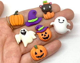 10pcs Mixed Halloween Cabochons - Flatback Resin Charms for Slime or Decoden - Kawaii Craft Supplies - Pumpkin, Black Cat, Ghost, Witch Hat