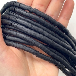 Black Heishi Beads - 6mm Polymer Clay Thin Flat Disk Spacer Beads - Jewelry Making Supplies