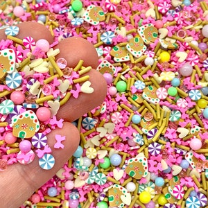 Christmas Candy Land Fake Sprinkles Mix - Gingerbread House and Peppermint Fimo Slices - Colorful Pink Polymer Clay Confetti