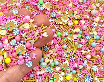 Christmas Candy Land Fake Sprinkles Mix - Gingerbread House and Peppermint Fimo Slices - Colorful Pink Polymer Clay Confetti