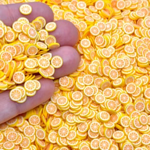 May include: A large collection of small, flat, circular orange slice decorations made of polymer clay. Each piece features a detailed yellow and orange citrus fruit pattern with a white center and radiating segments, suitable for craft projects.