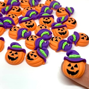 10pcs Jack O Lantern Cabochons - Halloween Pumpkin Resin Flatback Charms for Slime or Decoden - Kawaii Craft Supplies
