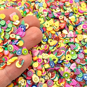 May include: A vibrant assortment of colorful fruit-shaped polymer clay slices. The miniature fruit slices include watermelon, kiwi, lemon, strawberry, and more. These decorative pieces are ideal for crafting and embellishments.