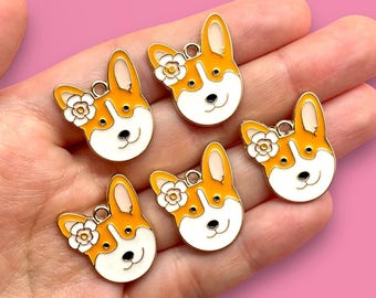 10pcs Corgi Pendants - Enamel Gold Tone Dog Charms for Jewelry Making - Cute Animal Craft Supplies