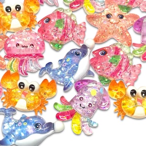 10pcs Sparkly Sea Animal Cabochons - Mixed Fish Charms for Slime - Cute Glitter Resin Flatbacks - Kawaii Ocean Craft Supplies