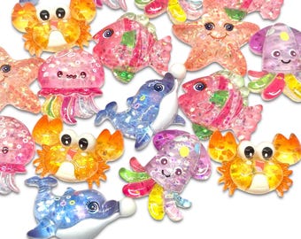 10pcs Sparkly Sea Animal Cabochons - Mixed Fish Charms for Slime - Cute Glitter Resin Flatbacks - Kawaii Ocean Craft Supplies