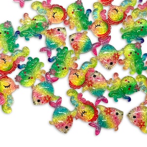 10pcs Mixed Sparkly Sea Animal Cabochons - Fish Charms for Slime - Cute Glitter Resin Flatbacks - Kawaii Ocean Craft Supplies
