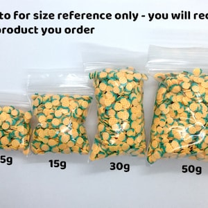 May include: Four bags of yellow and green pineapple-shaped sprinkles in various sizes: 5g, 15g, 30g, and 50g. *Photo for size reference only - you will receive the product you order*