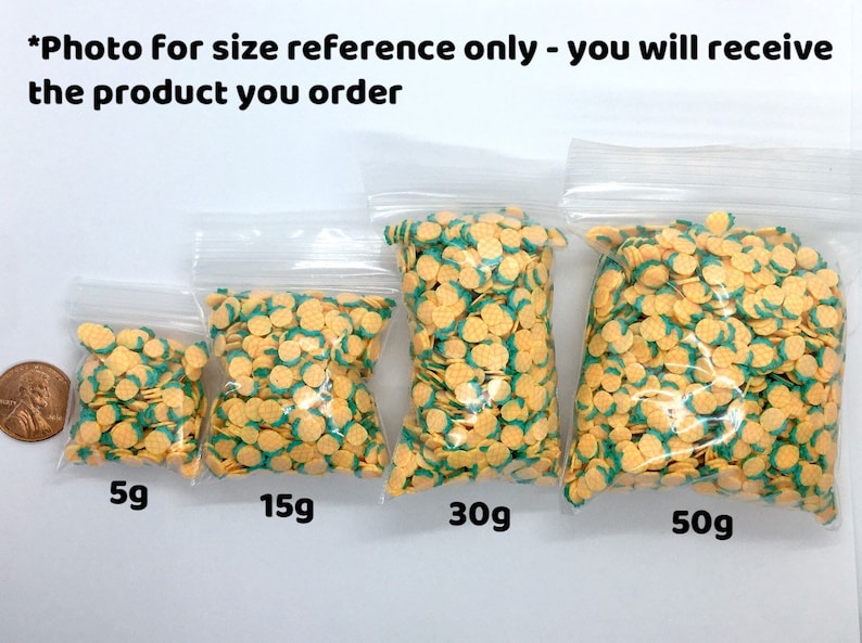 May include: Four bags of yellow and green pineapple-shaped sprinkles in various sizes: 5g, 15g, 30g, and 50g. *Photo for size reference only - you will receive the product you order*