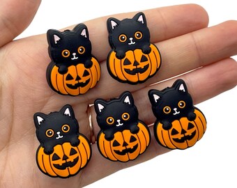 5pcs Halloween Black Cat Silicone Beads - Kitty in Pumpkin Focal Beads for Beadable Pens or Key Chains - Animal Charms