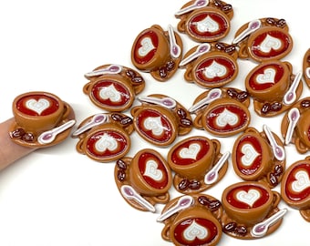 10pcs Heart Coffee Resin Cabochons - Flat Back Latte Cup Charms for Slime or Decoden - Kawaii Craft Supplies