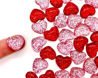 20pcs Sparkly Valentine’s Day Heart Cabochons - Red and Pink Glitter Resin Flatbacks - Slime Charms - Decoden Craft Supplies
