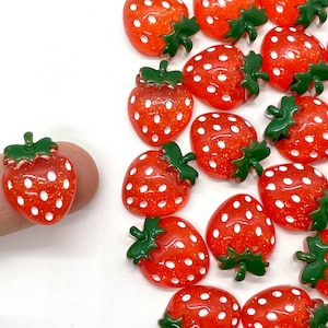 10pcs Sparkly Stawberry Resin Flatback Charms - Glittery Cabochons for Slime or Decoden - Cute Resin Fruit Cabochon - Kawaii Craft Supplies