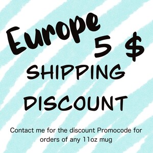 May include: Text-based graphic with the words "Europe", "SHIPPING", and "DISCOUNT" in black font. The text is on a light blue background with white diagonal stripes. The text "5$" is also present. Additional text is at the bottom.