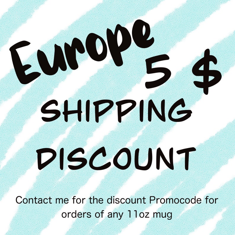 May include: Text-based graphic with the words "Europe", "SHIPPING", and "DISCOUNT" in black font. The text is on a light blue background with white diagonal stripes. The text "5$" is also present. Additional text is at the bottom.