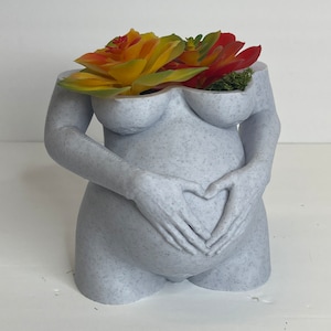 May include: A white ceramic planter shaped like a pregnant woman's torso with hands forming a heart shape over the belly. The planter is filled with colorful artificial succulents.