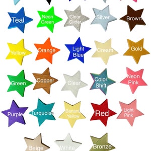May include: A chart of 25 star-shaped color swatches with names for each color, including Baby Blue, Black, Dark Blue, Gray, Hot Pink, Teal, Neon Green, Clear Glitter, Silver, Brown, Yellow, Orange, Light Blue, Cream, Gold, Green, Copper, Clear, Color Shift, Neon Pink, Purple, Turquoise, Banana Yellow, Red, Light Pink, Beige, White, and Bronze.