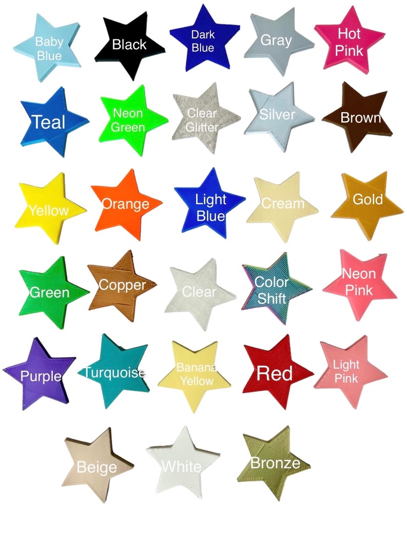 May include: A chart of 25 star-shaped color swatches with names for each color, including Baby Blue, Black, Dark Blue, Gray, Hot Pink, Teal, Neon Green, Clear Glitter, Silver, Brown, Yellow, Orange, Light Blue, Cream, Gold, Green, Copper, Clear, Color Shift, Neon Pink, Purple, Turquoise, Banana Yellow, Red, Light Pink, Beige, White, and Bronze.