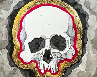 Watercolor, Ink, & Gold Leaf - 18x24 - Mixed Media Skull