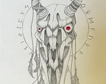 Pencil Drawing - 18x24 - Viking Skull and Compass