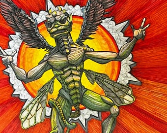Watercolor, Ink, and Marker Drawing - 18x24 - Pazuzu King of the Wind