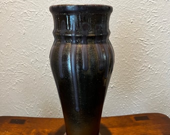 Tall Ceramic Vase - Dark Brown with Purple "Drips"