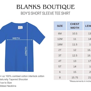 May include: Royal blue boy's short sleeve tee shirt from Blanks Boutique. The shirt has a naturally tapered shoulder and ribbed neckline. Size chart shows chest width and length measurements in inches, ranging from 10.5 to 15.75 inches.