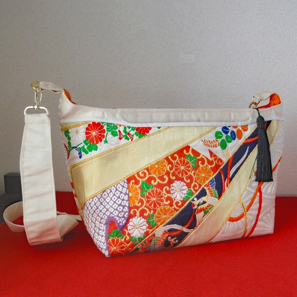Japanese Kimono Shoulder Bag, Obi bag, 100% Pure Silk, Beautiful Embroidery, #S6
